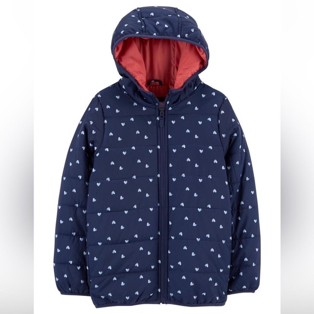 Carter's Puffer Jacket Girls 10 Navy Blue Heart Print Hooded Quilted Coat
